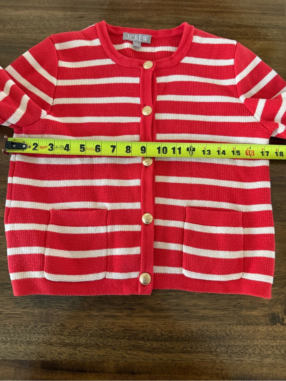 J. Crew Emilie sweater lady jacket a Red and Cream Striped Gold-Button Cardigan - Picture 6 of 7